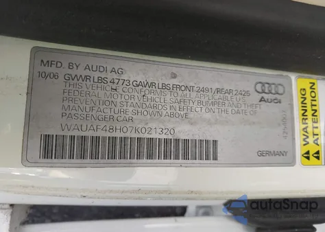 2007 Audi A4 2.0T из США, поврежденный, VIN WAUAF48H07K021320